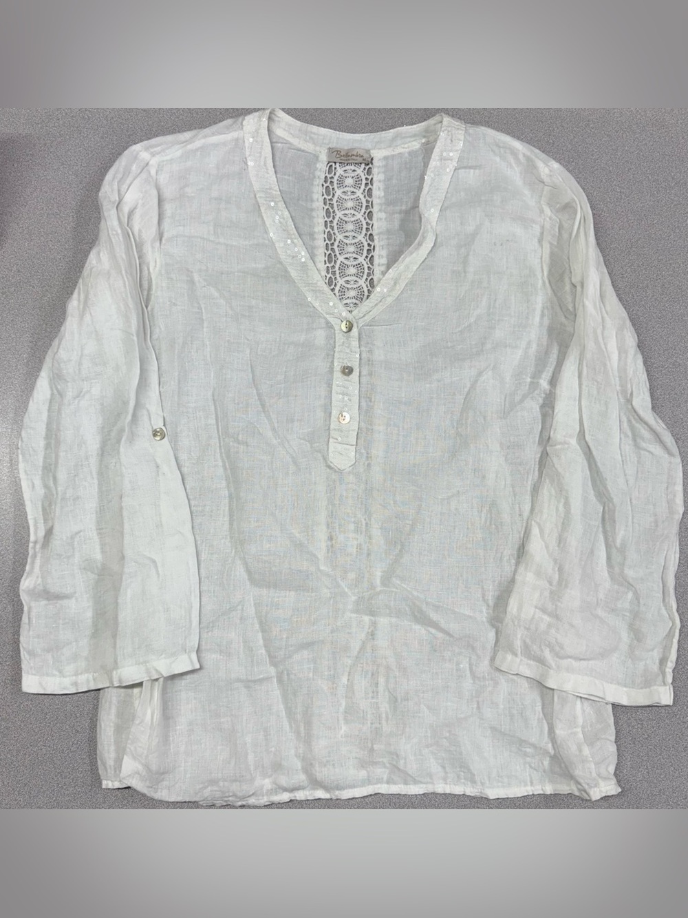 Bellambia White Linen V-Neck with Shell Buttons and Crochet Lace Back Panel